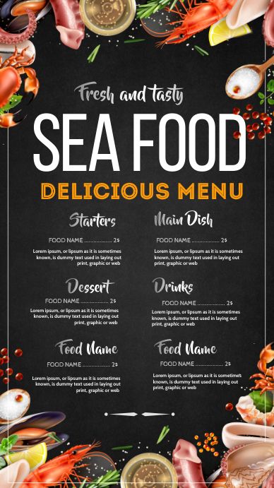 Sea Food Restaurant Design, Free Menu Templates, Restaurant Template, Restaurant Flyers, Seafood Menu, Restaurant Poster, Food Flyer, Food Menu Template, Menu Design Template