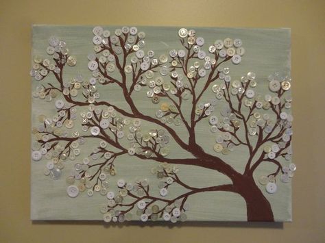 Beads Art On Canvas, Bead Art On Canvas, Stensil Bunga, Beads On Canvas, Button Tree Art, Button Trees, Button Canvas, Buttons Art, Button Creations