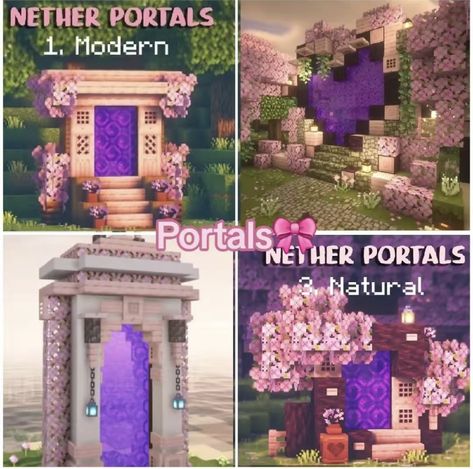 Minecraft Portal Design Cherry Blossom, Minecraft Ideas Cherry Blossom, Minecraft Kawaii House, Cherry Blossom Nether Portal, Casas Mine, Nether Portal Design, Minecraft Heart, Minecraft Barn, Minecraft Portal