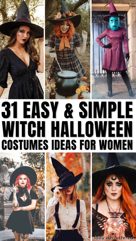 31 Easy & Simple Witch Halloween Costume Ideas for Women Home Made Witch Costume For Women, Diy Witches Costume Women, Best Witch Costumes For Women, Quick Witch Costume, Homemade Witches Costume, Whiches Costume Ideas, Different Witch Costumes, Diy Witch Halloween Costumes, Famous Witches Costumes