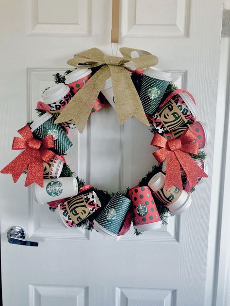 Christmas wreath made with coffee cups and hot glue Coffee Cup Wreath, Coffee Wreath, Cup Wreath, Hot Glue, How To Make Wreaths, 4th Of July Wreath, Christmas Wreath, Coffee Cup, 4th Of July