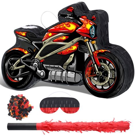 Motorcycle Themed Birthday Party, Car Birthday Party Decorations, Dirt Bike Birthday Party, Motorcycle Birthday Parties, Pinata Birthday, Bike Birthday Parties, Motorcycle Party, Pinata Stick, Motorcycle Birthday