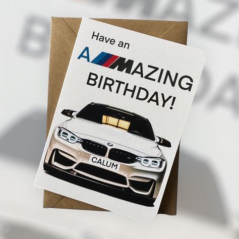 "BMW M4 INSPIRED BIRTHDAY CARD -- ITEM DESCRIPTION -- The design is based on the epic BMW M4.  This is hand drawn and then uploaded to an iPad and finished using illustration software.  The final design is printed on either 300gsm gloss single sided or matte double sided white paper and sent with a brown kraft envelope in a hardbacked \"Please do not bend\" envelope.  The perfect card for any petrol head and for those that especially love BMW. -- PERSONALISATION -- Personalise the card by specifying the name on the front number plate of this BMW M4.  Example: \"CALUM\" as shown in the picture. -- MESSAGE OPTIONS -- Message inside: None.  This card is left blank inside for you to add your own message. -- CARD SPECIFICATIONS -- Two different sizes available:  1. W:12.5 X H:17.5CM: £4.59 2. W Car Guy Birthday Gifts, Birthday Gift Card Message, Car Birthday Cards, Car Birthday Card, Illustration Software, Car Card, Car Birthday, Personalized Birthday Cards, Bmw M4