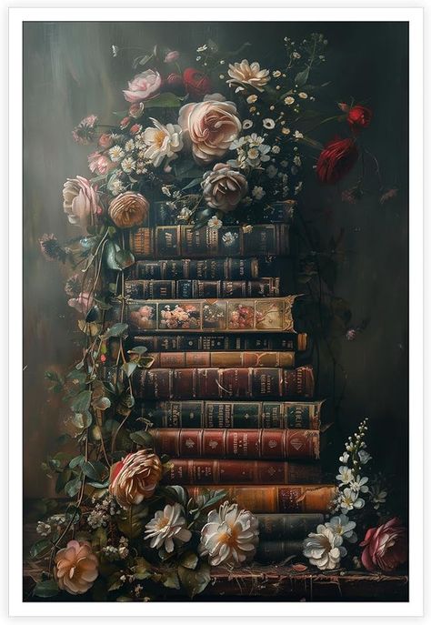 Amazon.com: noskisy Retro Old Books Posters Antique Moody Still Life Dark Cottagecore Reading Theme Art Shabby Chic Witchy Bibliophile Flowers Botanical Prints For Home Bedroom Dorm Wall Decor 12x16in Unframed: Posters & Prints Academia Living Room, Books With Flowers, Wall Art Entryway, Art Entryway, Cottagecore Wall Art, Dark Academia Wall, Hallway Wall Art, Academia Decor, Decor Hallway