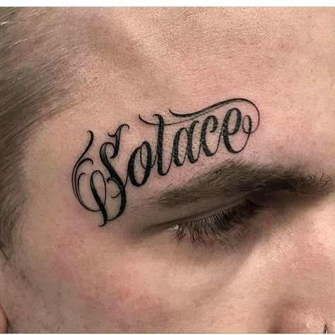 Letteringcartel’s Instagram post: “Solace by @justinburnouttattoos based in the UK. #tattoolettering #customtattoo #customlettering #customscript #tattoo #tattooscript…” Script Face Tattoo, Name Face Tattoo, Solace Tattoo, Eyebrow Tattoos, Becoming A Tattoo Artist, Script Tattoo, Tattoo Script, Face Tattoos, Eyebrow Tattoo