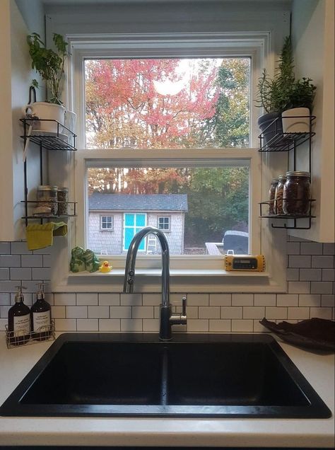 Over The Sink Decor With Window, Shelf For Kitchen Window, Diy Shelves Over Kitchen Sink, Kitchen Window Shelves Farmhouse, Landscape Ideas Cheap Simple, Decorate Old House Rental, Plant Shelf Above Sink, Kitchen Sink Window Decor Ideas, Kitchen Small Window Ideas