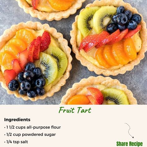 🍓 **Delight Your Senses with a Fresh Fruit Tart!** 🥧 Craving a sweet and fruity treat? Try our Fruit Tart recipe! A buttery crust filled with creamy custard and topped with colorful fresh fruits, it's a beautiful and delicious dessert that's perfect for any occasion. 🍓 **Ingredients:** - For the crust: - 1 1/2 cups all-purpose flour - 1/2 cup powdered sugar - 1/4 tsp salt - 1/2 cup unsalted butter, cold and cubed - 1 egg, beaten - For the custard filling: - 1 cup milk - 1/2 cup gran... Fruit Custard Tart, Fresh Fruit Tart, Fruit Tart Recipe, Fruity Treats, Uk Recipes, Custard Tart, Custard Filling, Fruit Cups, Tart Recipe