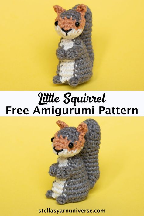 Amigurumi Squirrel Free Crochet Pattern - Stella's Yarn Universe Crochet Squrriel, Amigurumi Squirrel Free Pattern, Squirrel Crochet Pattern Free, Crochet Squirrel Pattern Free, Free Crochet Animals, Squirrel Crochet Pattern, Squirrel Amigurumi, Micro Amigurumi, Crochet Squirrel