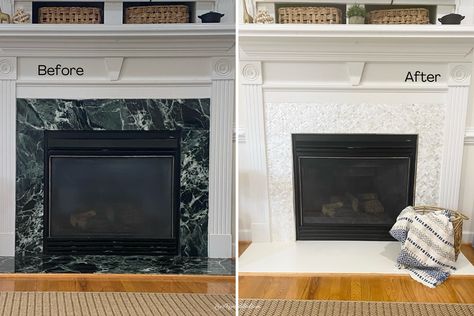 Fireplace Makeover - Before and After How To Cover Marble On Fireplace, Fireplace Marble Makeover, Painting Over Marble Fireplace, Gas Fireplace Makeover Tile, Paint Marble Fireplace Surround, Tile Over Marble Fireplace Surround, Paint Over Marble Fireplace, Cover Marble Fireplace, Green Marble Fireplace Makeover