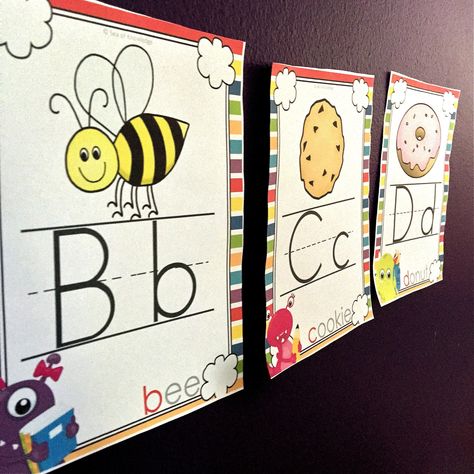 Back to School Alphabet Posters FREE Preschool Areas, 3s Preschool, Alphabet Posters For Classroom, Free Printable Abc Letters, Alphabet Wall Cards, Alphabet School, Poster Design Kids, Teaching Letter Recognition, Phonics Ideas