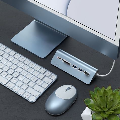 Our M1 Mouse + USB-C Combo Hub are essentials for your iMac workspace! Get it in Blue to match. #imac #apple #tech #accessories Blue Imac Aesthetic, Imac Computer Aesthetic, Imac M1 Desk Setup, Blue Imac Desk Setup, Imac Desk Setup Aesthetic, Blue Imac, Imac Workspace, Imac Aesthetic, Imac Keyboard