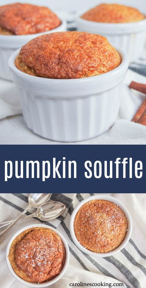 Whether you're looking for a tasty fall-flavored dessert or a gluten free take on pumpkin pie, this pumpkin souffle is a great choice. Gently spiced, light and delicious. #pumpkin #glutenfreedessert #souffle #dessert Pumpkin Pie Souffle, Pumpkin Sufle, Fall Souffle, Fall Ramekin Desserts, Ramekin Pumpkin Pie, Pumpkin Ramekin Dessert, Pumpkin Pie In Ramekins, Pumpkin Souffle Recipe, Pumpkin Souffle Easy