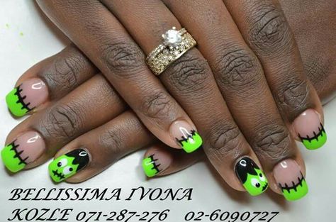 Frankenstine Nails, Frankenstein Nails Halloween, Frankinstine Nails, Frankenstein Nails Acrylic, Halloween Nails Frankenstein, Frankenstein Nail Art, Halloween French Tip Nails, Frankenstein Nails, Shellac Nail Designs