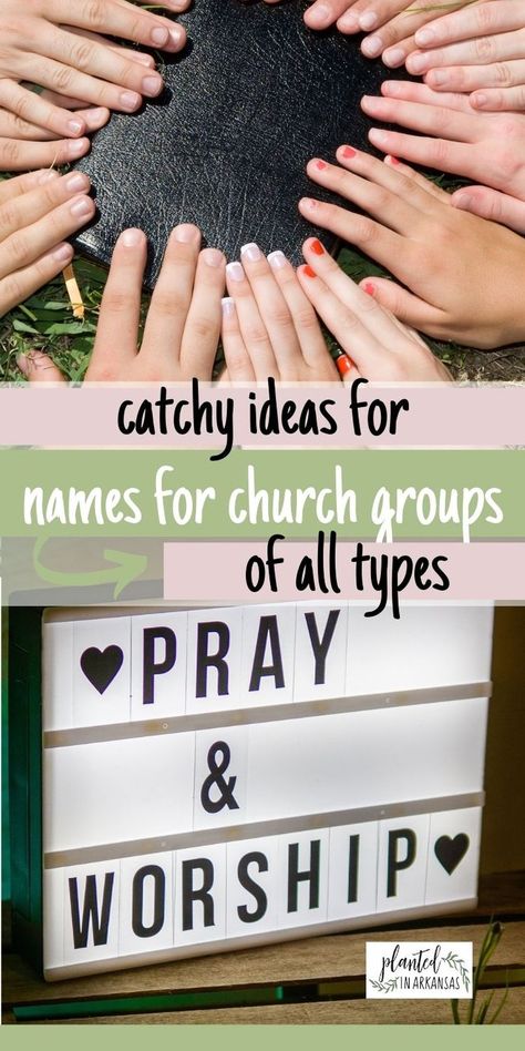 Coming up with a church group name can be tricky! Check out this list of church group name ideas and tips! We've got church youth group names ideas, womens church group names, small group names for church, church outreach group names, men's ministry ideas and names, etc. Whether you need kids ministry names, youth ministry names, women's ministry names, life group names, young adult ministry names, or men's ministry names, we have ideas for you! Names For Bible Study Groups, Christian Ministry Ideas, Women’s Ministry Group Names, Senior Ministry Ideas, Christian Small Group Ideas, Bible Study Names Ideas, Young Adult Ministry Names, Cute Bible Study Group Names, Christian Group Chat Names Ideas