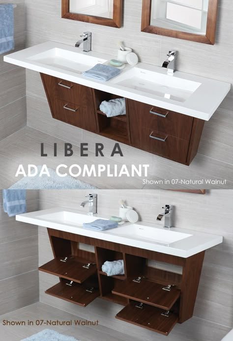 Go check out our beautiful ADA compliant vanity called, LIBERA! It's a wall-mounted vanity with polished chrome pulls on four flip-open doors with LED lights in open cubbies. Your two sink options come in either natural stone or matte/gloss solid surface top (shown in image)!  #beautiful#lacava#design#designer#sink#simple#bathroom#bath#chicago#2019#bathroomremodel#decor#designer#sleek#interiordesign#chrome#pulldown#art#pretty#luxury#luxurylifestyle#handmade#furniture#furnituredesign#neat Ada Sink Design, Under Mount Bathroom Sink Ideas, Ada Sink Vanity, Ada Compliant Bathroom Vanity, Ada Vanity Design, Ada Accessible Bathroom, Accessible Bathroom Layout, Handicapped Bathroom Ideas Layout, Ada Compliant Bathroom Design