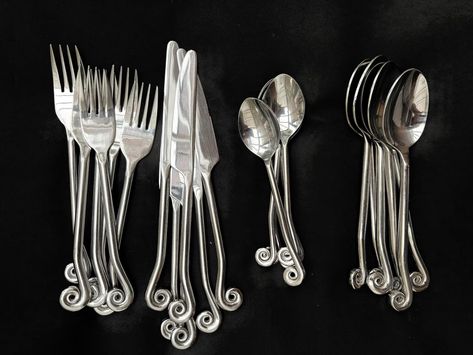 Set 24 Flatware Swirl Twist Cutlery French Twisted Ends Spiral Ends Brutalist Decor Medieval Viking Style Handmade 6 Gift Wedding - Etsy Brutalist Decor, Wedding Cutlery, Viking Style, Dessert Spoons, French Twist, Medieval Fashion, Wedding Etsy, Gift Wedding, Forks