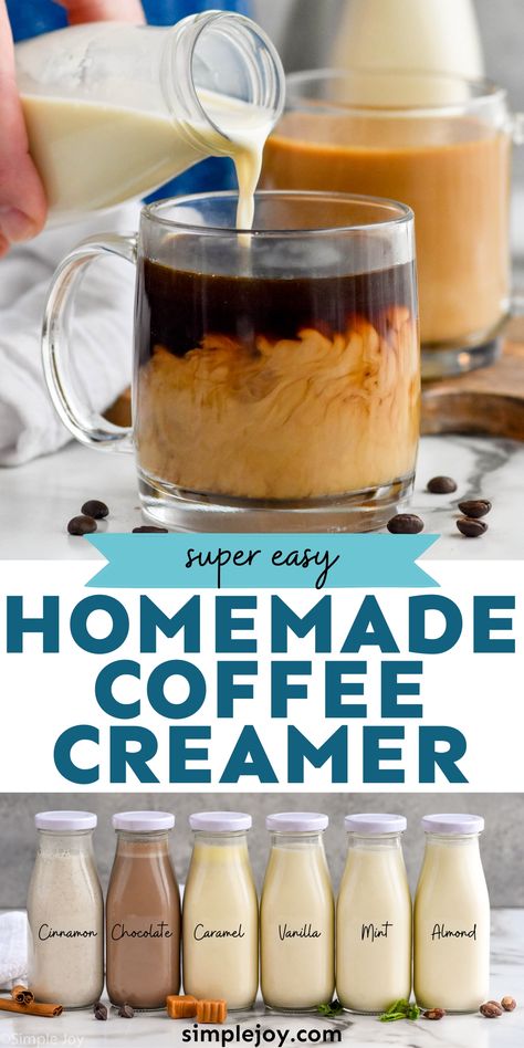 Homemade Coffee Creamer comes together with just four ingredients. Mix it up with different flavors, or try one our six variations! Your coffee will never be the same. Easy Coffee Creamer Recipe, Homemade Coffee Creamer Recipe, Diy Coffee Creamer, Flavored Coffee Creamer, Vanilla Coffee Creamer, Homemade Coffee Creamer, Coffee Creamer Recipe, French Vanilla Coffee, Creamer Recipe