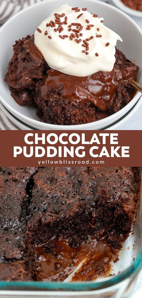 This quick and easy Chocolate Pudding Cake recipe is two desserts in one - a chocolate cake on top with a rich chocolate pudding sauce underneath. Easy Pudding Cake Recipe, Easy Chocolate Cobbler Recipe Cake Mixes, Easy Desserts With Chocolate Pudding, Easy Chocolate Pudding Cake, Desserts Using Chocolate Pudding, Chocolate Cake Mix With Pudding Added, Boxed Pudding Recipes, What To Make With Chocolate Pudding, Chocolate Cake Pudding Recipe