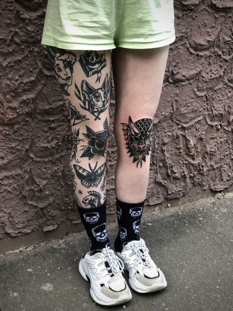 Traditional Tattoo Knee, Tattoo Ideas Geometric, Over The Knee Tattoo, Leg Tattoo Placements, Knee Tattoo Ideas, The Knee Tattoo, Deep Tattoo, Knee Tattoos, Traditional Tattoo Inspiration