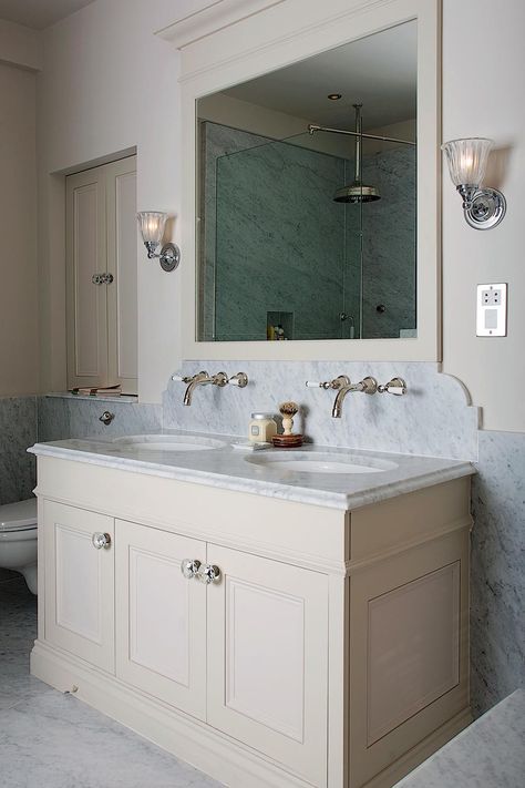 Rooms Archive - Charlie Kingham Marble Backsplash Bathroom, Bespoke Cabinetry, Carrara Marble Bathroom, Bespoke Bathroom, Sink Bowl, Marble Sink, Dream Bath, English Kitchens, Marble Backsplash