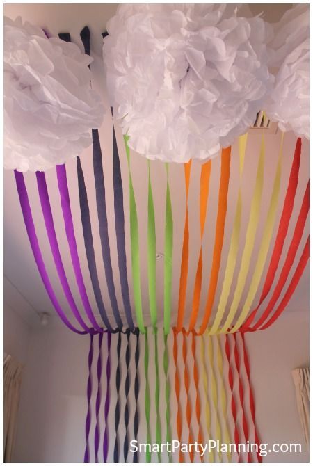 Rainbow backdrop and clouds, stunning for a rainbow or garden birthday party.  Easy to assemble and the kids will love the decor #Rainbow #Party #Decor #birthday Crepe Paper Rainbow Backdrop, Crepe Paper Rainbow, Rainbow Sleepover Party, Kindergarden Graduation Decor, Weather Party Theme, Rainbow Backdrop Diy, Living Room Birthday Party Decor, Weather Party, Rainbow Birthday Party Decorations