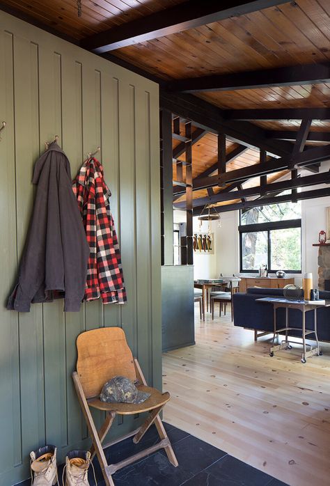 Poured Concrete Counters, Pine Wood Floors, Concrete Counters, Scandinavian Cabin, Green Cabin, Pine Cabin, Pine Wood Flooring, Cabin Vibes, Cabin Renovation