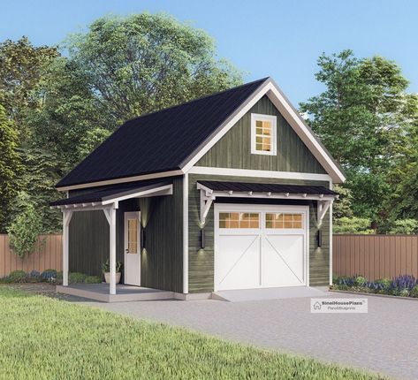 Single Garage Architectural Plan with Loft, 16'x24' Traditional One Car Garage Blueprint by SinelHousePlans on Etsy Garage Roof Extension Ideas, Garage With Bunkhouse, Lean To Off Storage Building, Small Garages Detached, One Car Garage With Loft, 1 Car Garage With Loft, Garage With Rooftop Patio, Window Above Garage Door, Garage With Suite Above