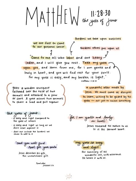 A bible study page of Matthew 11:28 through 30 about sharing the yoke with Jesus. Bible Study On Trusting God, Devotional Bible Study, Studying The Gospels, Bible Taking Notes, Bible Studying For Beginners, Matthew Journaling Ideas, Bible Verse Matthew 11:28, Simple Bible Note Taking, Bible Study Chapters