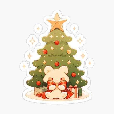 Cute Kawaii Christmas Tree with Presents by CozyKawaiiArt | Redbubble Christmas Sticker Ideas, Navidad Cute, Cute Christmas Illustration, Kawaii Christmas Tree, Christmas Chibi, Chibi Christmas, Kawaii Winter, Tree With Presents, Christmas Kawaii