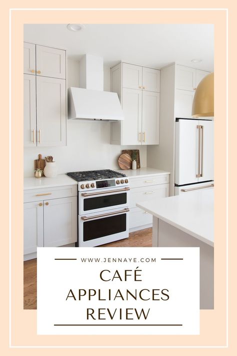 Kitchen Appliance Layout, Greige Cabinets, Ge Cafe Appliances, Cafe Appliances, White Refrigerator, White Kitchen Appliances, White Fridges, White Oak Kitchen, Cabinets Makeover