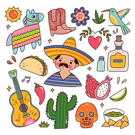 Mexico Culture Art, Cartoon Mexican, Doodle Vector, Mexican Traditions, Baby Play Activities, Mexican Hat, Easy Pixel Art, Mexico Culture, Quirky Illustration