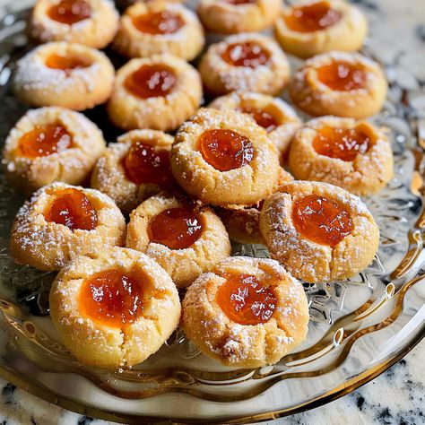 Delightful apricot cream cheese thumbprint cookies with a sweet apricot center and creamy dough. Perfect for any occasion. Apricot Roll Recipe Polish, Apricot Pinwheel Cookies, Cold Dough Apricot Cookies, Apricot Shortbread Cookies, Cream Cheese Thumbprint Cookies Recipe, Apricot Thumbprint Cookies, Apricot Cookies Christmas, Apricot Filling Recipe, Cream Cheese Thumbprint Cookies