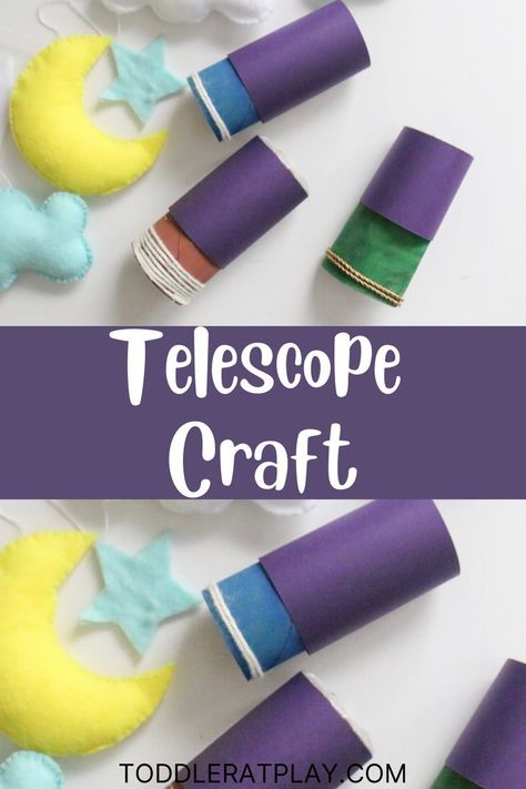 These Paper Roll Telescopes are super fun to make and are a great recycled craft idea! Simple steps allow even the very little ones to follow along. These telescopes are a fun idea to add to any space study or units. What’s more fun is that kids get to create the “night sky”, by drawing their own stars, moon, shooting stars or whatever they’d like to see in their telescopes! #paperrollcrafts #telescopecraft #kidscrafts Telescope Craft, Science Center Preschool, Easy Kid Activities, Toddler Lessons, Vbs Crafts, Summer Crafts For Kids, Stars Craft, Paper Roll Crafts, Daycare Crafts