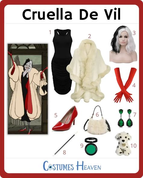 DIY Cruella De Vil Costume Ideas [2023] For Cosplay & Halloween Cruela De Vil Costume Ideas, Cruella De Vil Costume Ideas, Cruella Costume Diy, Cruella Deville Movie, Diy Cruella Deville Costume, Disney Villains Costumes, Costume Ideas 2023, Disney Villain Costumes, Cruella Deville Costume