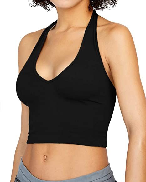 CLOZOZ Women's Halter V Neck Sleeveless Backless Basic Crop Top (Black, Medium) at Amazon Women’s Clothing store Comfortable Work Clothes, Black Halter Crop Top, Crop Tops For Women, Basic Crop Top, Crop Tops Online, Womens Halter Tops, Backless Crop Top, Trendy Tops For Women, Backless Top