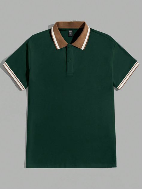 Dark Green Casual Collar Short Sleeve Knitted Fabric Striped  Embellished Medium Stretch  Men Clothing 2000s Outfits Ideas, Polo Aesthetic, Green Polo Shirt, Polo Shirt Outfits, Collared Shirts, Polo Shirt Colors, Green Polo Shirts, Polo Men, Green Polo