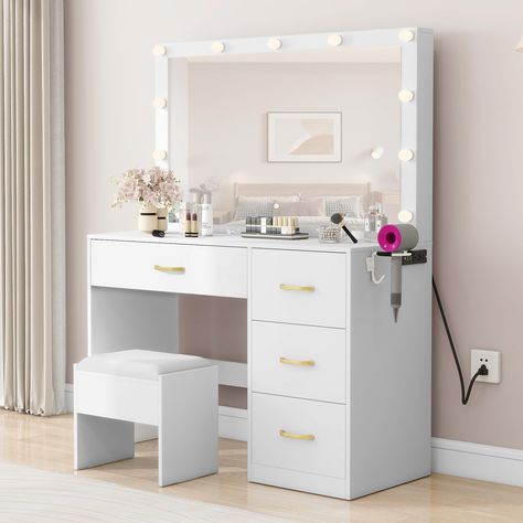 PRICES MAY VARY. Wood Broad Viewing Angle: The vanity mirror measures 31.29" x 20.27" and offers a broad viewing angle, perfect for detailed makeup application; Equipped with 11 LED bulbs, it provides 3 customizable color modes so you can easily adjust the lighting to suit your needs by touching adjustment Multi-functional Makeup Desk: This vanity includes 2 power outlets, 2 USB ports, and a dedicated hair dryer rack; It keeps your hair dryer, phone, and curling iron conveniently within reach, m Cute Makeup Vanity, Small Vanity Ideas, Vanity Desk Ideas, Small Vanity Ideas Bedroom, Vanity With Lighted Mirror, Teen Bedroom Organization, Vanity Ideas Bedroom, Makeup Rack, Simple Vanity