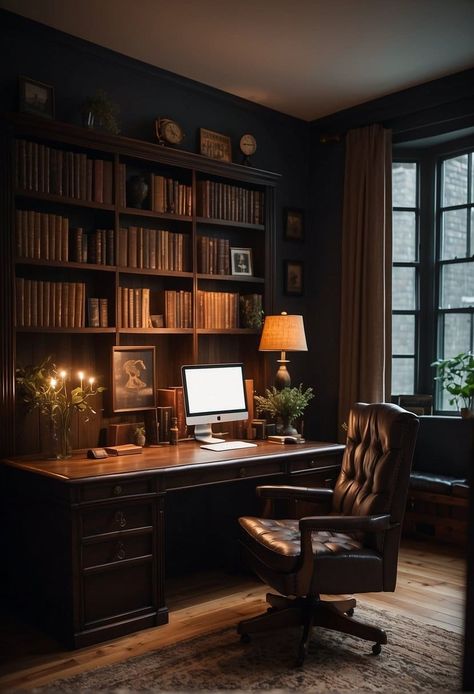 20 Small Moody Office Ideas That Boost Creativity and Focus Small Moody Study, Small Library With Desk, Light Academia Aesthetic Home Office, Dark Neutral Office, Moody Vintage Home Office, Dark Academia Small Office, Professor Office Aesthetic, Dark Cozy Office, Light Academia Home Office