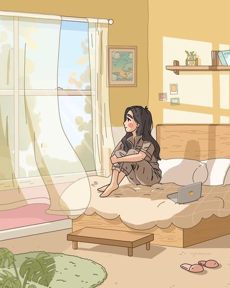 Ashleigh on Instagram: "cozy mornings 🍃☁️ inspired by my sister @maisyleigh :) i was inspired to draw something that feels warm, wholesome, and cozy indoors. drawing indoor settings is new territory for me, and something i always wanted to try. so this year for maisy’s birthday (around 3 months ago) I decided to draw something special for her. And here it is! 🤍 this art piece is inspired by her cozy vibes and her notion of simple living. Maisy at her natural state in her bedroom - content and Iphone Wallpaper Cat, Bedroom Drawing, Iphone Wallpaper Kawaii, Cozy Mornings, Desktop Wallpaper Art, Kawaii Illustration, Illustration Art Girl, Scene Design, Girly Art Illustrations