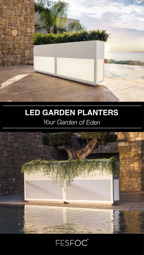 LED Flower Pots, outdoor planters, illuminated flower pots, outdoor flower pots, galvanized planters Illuminated Planters, Light Planters, Galvanized Planters, Garden Wood, Led Flower, Wood Garden, Flower Pots Outdoor, Planter Design, Feature Walls