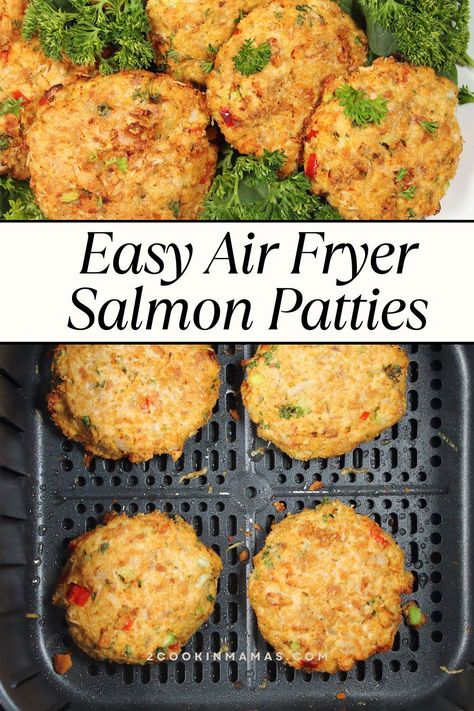 Easy Air Fryer Salmon Patties are the answer to quick weeknight dinners. Whip 'em up with canned salmon, throw in some basic stuff from your pantry, and voila! Crispy on the outside, juicy on the inside, with only 15 minutes of prep and 8 minutes to cook! Serve it on a bun or toss it over a salad for that extra protein punch. #healthyairfryersalmon Air Fryer Salmon Patties, Air Fried Salmon, Salmon Recipes Air Fryer, Air Fryer Recipes Salmon, Fried Salmon Patties, Fish Patties, Air Fryer Fish Recipes, Canned Salmon Recipes, New Air Fryer Recipes