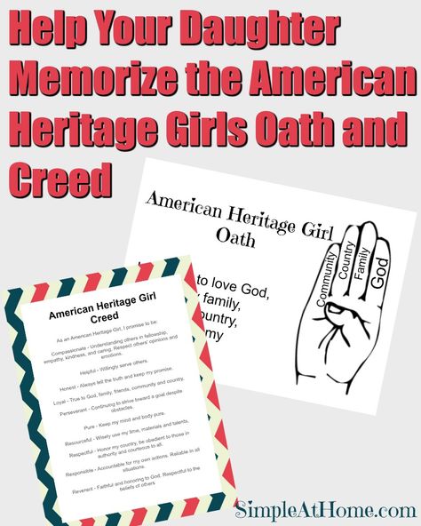 A Free printable and easy trick to help your daughter remeber the American Heritage Girls oath and creed American Heritage Girls Pathfinders, American Heritage Girls Tenderheart, American Heritage Girls Badge, American Heritage Girls Ahg, Ahg Badge, American Heritage Girls, Living Paycheck To Paycheck, Paycheck To Paycheck, First Meeting