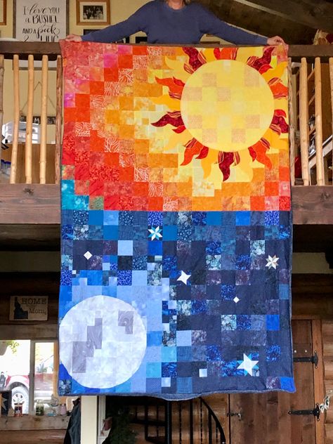 Sun Moon And Stars Quilt Pattern, Outer Space Quilt Pattern, Sun Moon Quilt, Sun Quilt Pattern, Space Quilt Pattern, Galaxy Quilts, Planets Quilt, Sun Quilt Block, Celestial Quilt