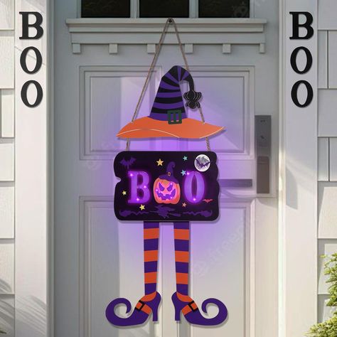 PRICES MAY VARY. 【Package Content】 You Will Receive1 Pieces Halloween Light, Halloween Plastic Hanging Sign Is Designed Including The Witch Hat And The Witch Legs, Halloween Boo Decoration Is Designed In Pumpkin, Designs In Mainly Purple 【Illuminated Boo Sign】 The Door Hanger Features A Light Up "Boo" Sign And Provide Bright And Clear Illumination. Emitting A Faint Ghostly Purple Light In The Dark. You Will Never Get Tired Of It, Especially Around Halloween. It Will Give You A Horror Holiday Dec Boo Decorations, Witch Door, Halloween Door Sign, Halloween Porch Sign, Light Halloween, Boo Sign, Wall Outdoor, Witch Legs, Pumpkin Designs