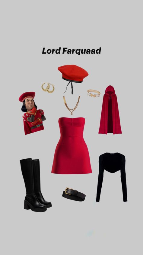 red dress, black boots, red cape, black belt, gold jewelry, easy last minute costumes for Halloween, funny Shrek Lord Farquaad, Easy Last Minute Halloween Costume, Easy Halloween Outfit, Shrek Costume, Lord Farquaad, Last Minute Halloween Costume, Classy Halloween Costumes, Matching Halloween Costumes, Halloween Coustumes