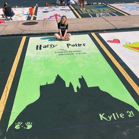 Senior Parking Spaces Harry Potter, Stitch Senior Parking Spot, Harry Potter Senior Parking Spots, Book Parking Spot Painting, Senior Disney Parking Spots, Senior Parking Spot Painting Cute, Harry Potter Parking Spot Painting, Parking Lot Senior Painting, High School Parking Lot Painting