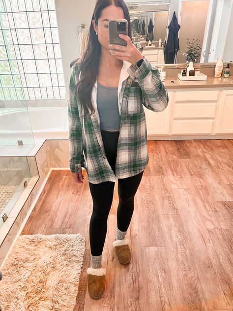 My favorite comfy outfit includes an oversized flannel, lululemon leggings, cozy socks, and my ugg slippers Leggings Flannel Outfit, Ugg Slippers Outfit Leggings, Leggings And Flannel Outfit, Causal Dress Outfits, Long Socks Outfit, Modest Christian Clothing, Cute Lounge Outfits, Christian Outfits, Outfit With Uggs