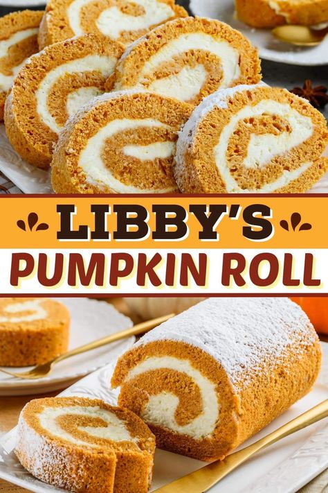 Libby's pumpkin roll recipe is as good as it gets! With a layer of pumpkin cake swirled with cream cheese, it's heaven on a plate. Libbys Pumpkin Roll, Pumpkin Cream Cheese Roll, Pumpkin Roll Recipe Easy, Thanksgiving Desserts Kids, Pumpkin Roll Cake, Pumpkin Rolls Recipe, Cake Roll Recipes, Pumpkin Cake Recipes, Pumpkin Roll