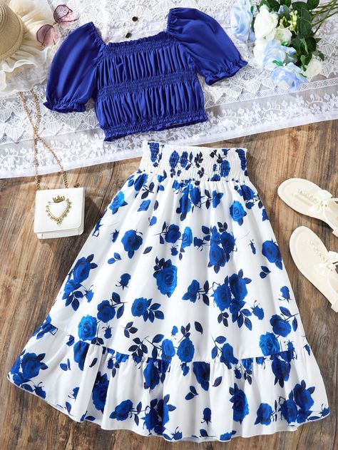 Royal Blue Boho Collar   Floral  Embellished Non-Stretch  Teen Girls Clothing Cute Outfits For Kids 10-12 Girls Style, 13 Birthday Outfits, Clothes For Girls 10-12, Cute Outfits For Kids 10-12, Girl Clothes Ideas, Cute Girl Clothes, Teen Dresses