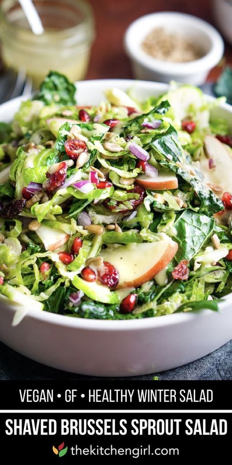 Kale Brussel Sprout Pomegranate Salad, Apple Brussel Sprout Salad, Shaved Brussel Sprout Salad With Pomegranate, Pomegranate Brussel Sprout Salad, Brussel Sprout Pomegranate Salad, Brussel Sprout Salad Vegan, Brussel Sprout Recipes Salad, Vegan Christmas Salad, Brussel Sprout Salad With Cranberries